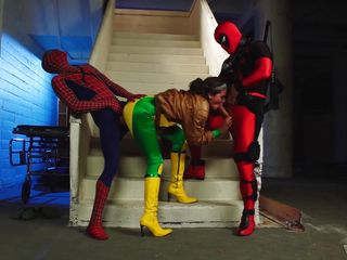 deadpool and spiderman fight crime and fuck pussies