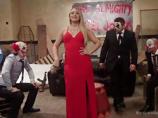 lady in red dress gets gang banged